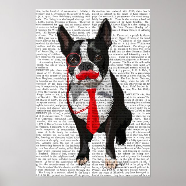 Póster Boston Terrier com gravata vermelha e bigode (Frente)