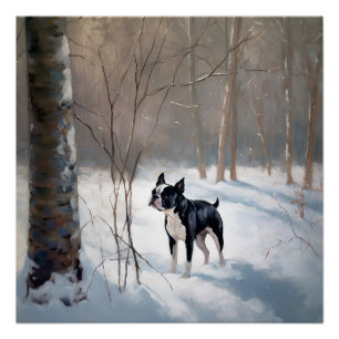 Póster Boston Terrier Deixe Nevar Natal