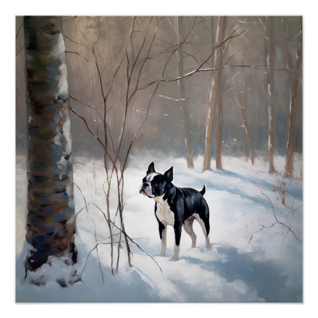 Póster Boston Terrier Deixe Nevar Natal (Frente)