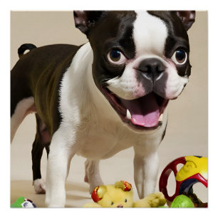 Póster Boston Terrier Dog Brincando com Brinquedos