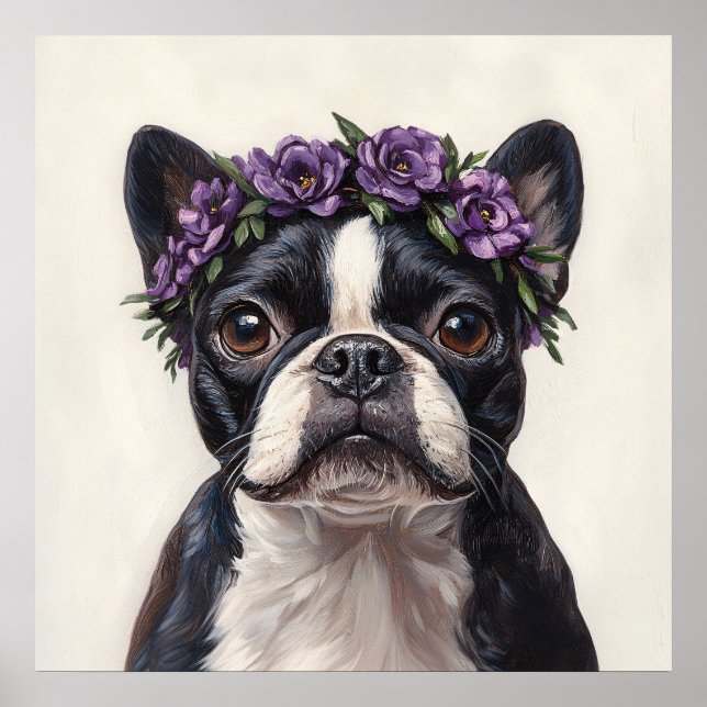 Poster Boston Terrier em uma Coroa de Flor Roxa (Frente)