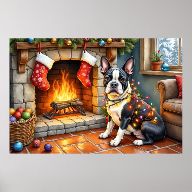 Poster Boston Terrier Fireplace with Christmas Lights (Frente)