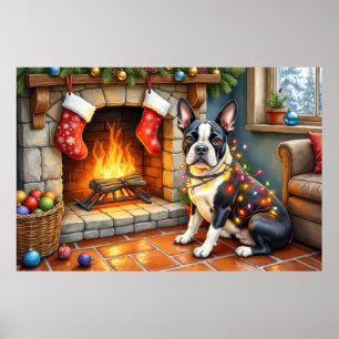 Poster Boston Terrier Lareira com Luzes de Natal
