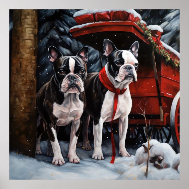 Poster Boston Terrier Nevado Trineo Decoración de Navidad (Frente)