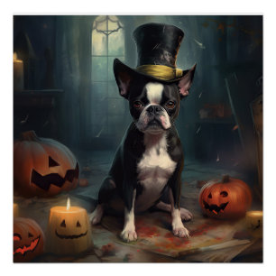 Póster Boston Terrier Pumpkins Halloween Assustado