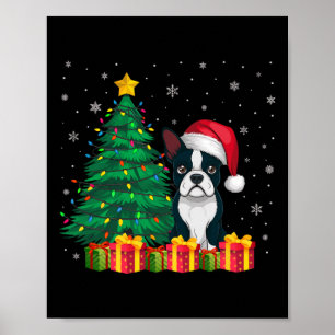 Poster Boston Terrier Santa Hat, Luz de Natal, Cão