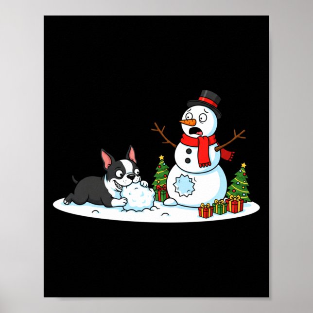 Poster Boston Terrier Snowman Christmas Tree Xmas Womens  (Frente)