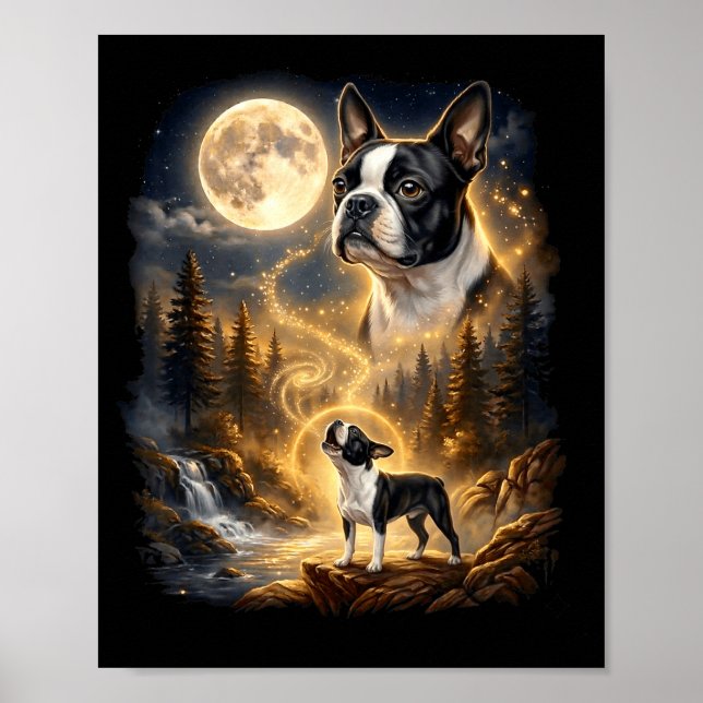 Poster Boston terrier uivando para a lua retrô  (Frente)
