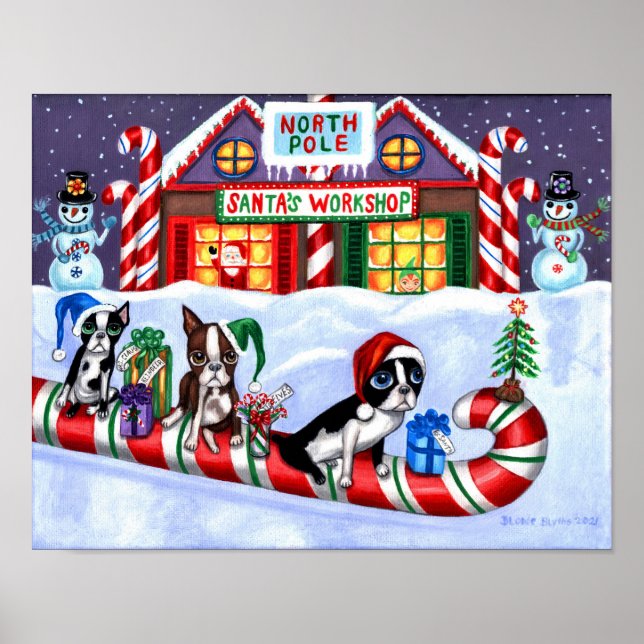 Poster Boston Terriers Candy Cane Papai noel Natal Snowma (Frente)