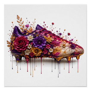 Póster Bota de Futebol Floral Vibrante Gotejando Dourado