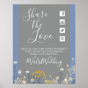 Poster Botânica Daisy Floral Wedding Hashtag - Sinal de F