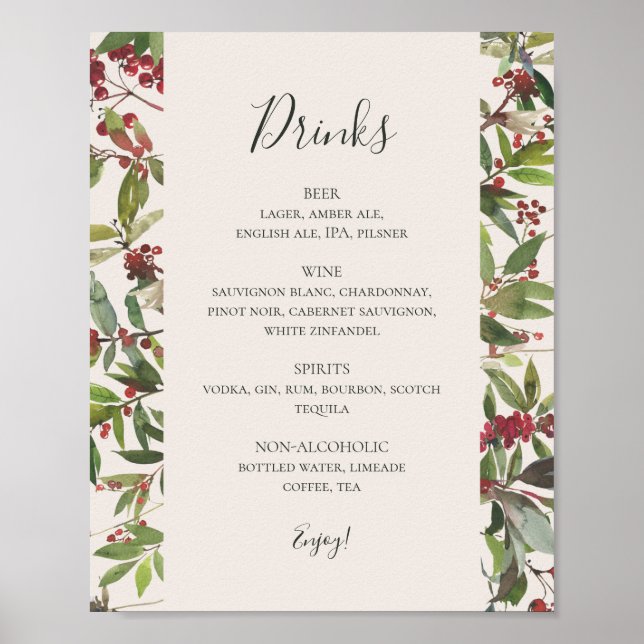 Poster Botânica de Natal | Menu Bebidas de Champanhe (Frente)