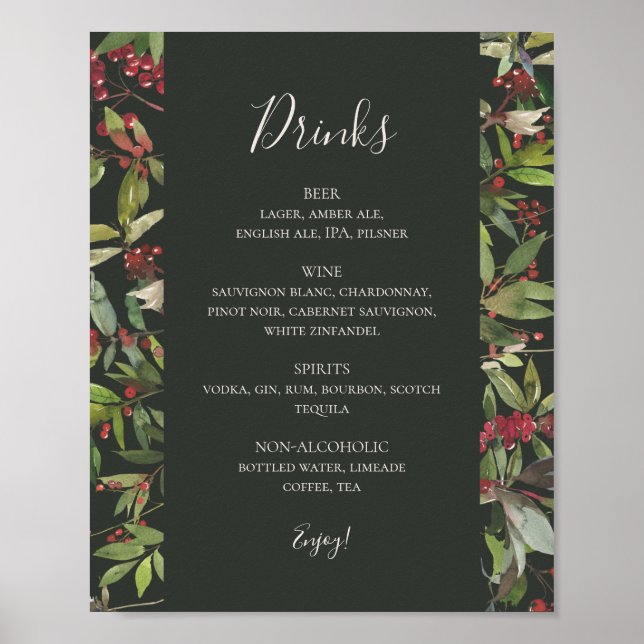 Poster Botânica de Natal | Menu Bebidas Verdes Escuras (Frente)