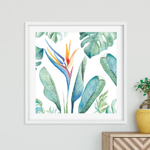 Poster Botânica e verde de flores tropicais de aquarelas