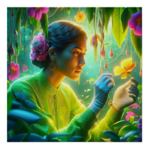 Póster Botânica Feminina Fazendo Seu Trabalho em um Jardi