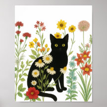 Botanical Nature – Black Cat in Wildflower Garden