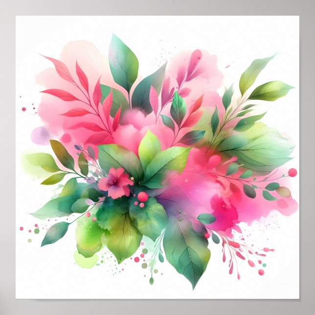 Poster Botânico Florido de Aquarela Rosa Verde (Frente)