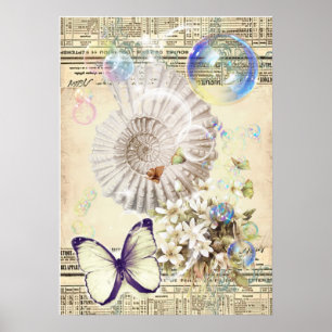 Póster botânico francês do seashell bege da borboleta d