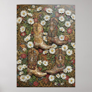Poster Botas de Cowboy Western Vintage Padrão Floral Dais
