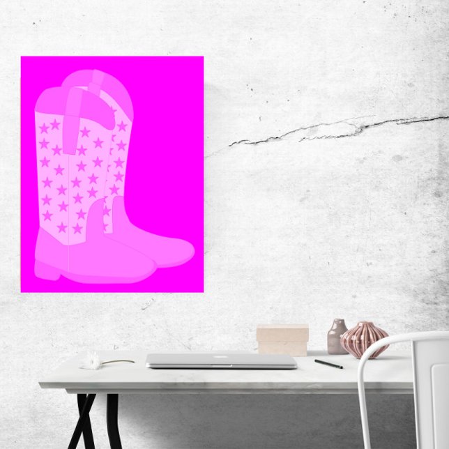 Poster Botas de vaqueiro com estrelas cor-de-rosa (A poster of cowboy boots with stars done in various shades of pink.)