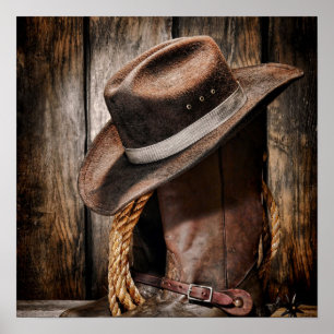 Poster botas de vaqueiro de madeira do celeiro do marrom