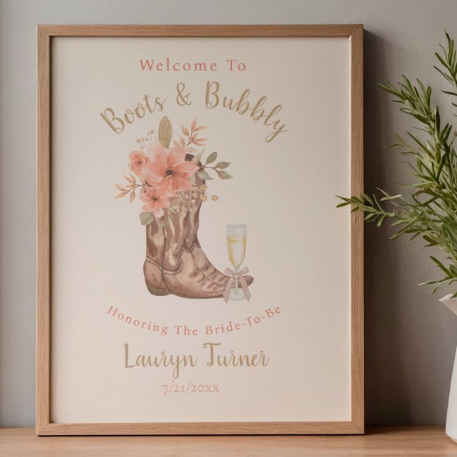 Poster Botas e Espumante Sinal de Chá de Bebê Country de  (Boots And Bubbly Cowgirl Rustic Bridal Shower Sign
)