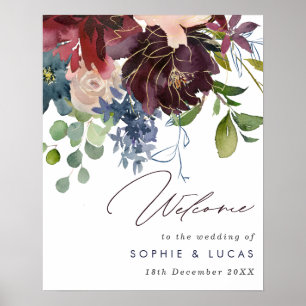Poster Bourgundy & Marinho Floral Casamento outono Bem-vi