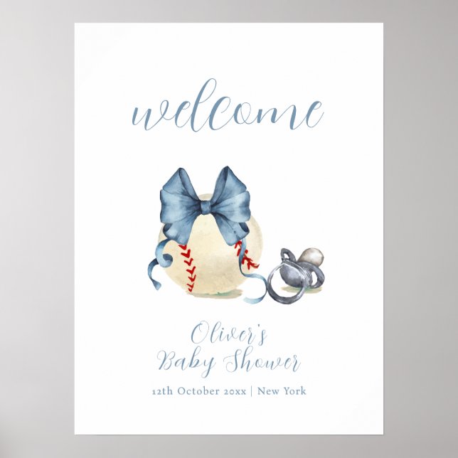 Poster Bow Pacifier Baseball Sport Baby Shower Welcome  (Frente)