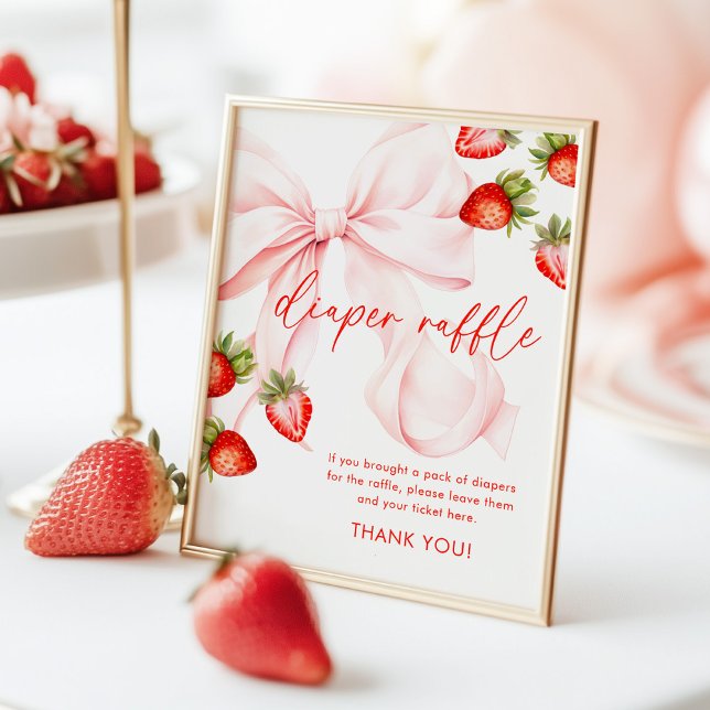 Poster Bow Strawberry Baby Shower Diaper Raffle Sign (Criador carregado)