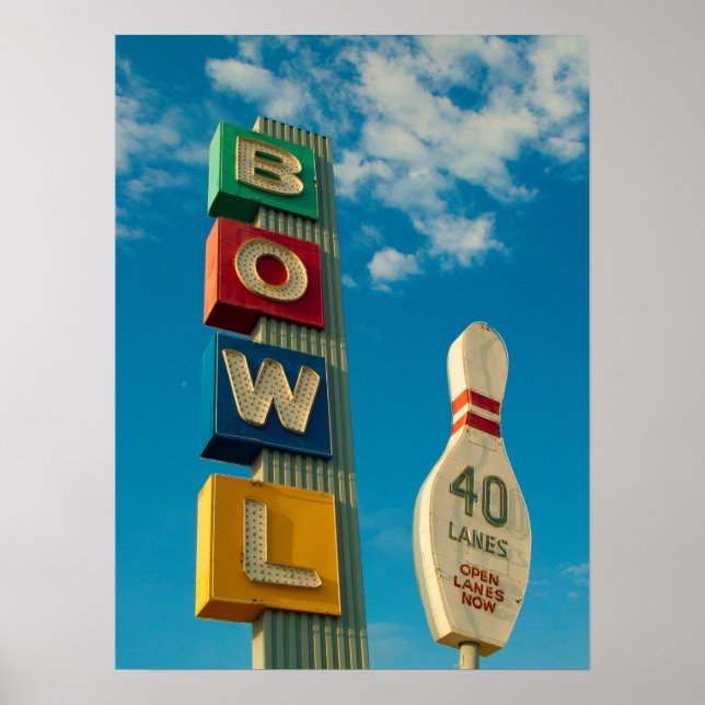 Poster BOWL a cores - Vintage Boliche Beco Neon Sign (Frente)