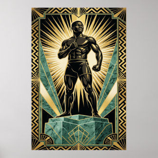 Poster Boxeador Art Déco Atleta Campeão Dourado Verde Pos