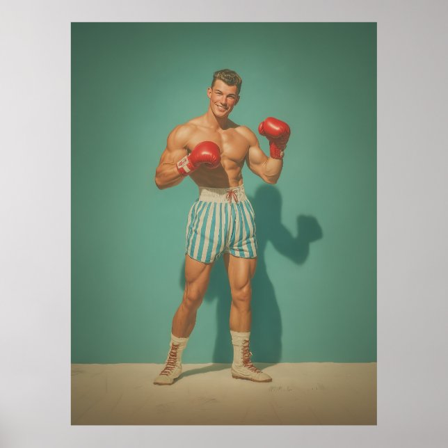 Poster Boxer Antigo em Shorts Listrados (Frente)