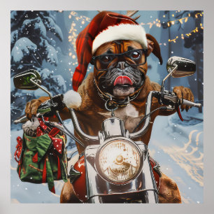 Poster Boxer Dog Riding Motorcycle Christmas