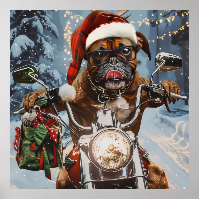 Poster Boxer Dog Riding Motorcycle Christmas (Frente)