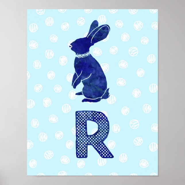 Póster Boy Nursery Decor Rabbit - Letra R pontos azuis (Frente)