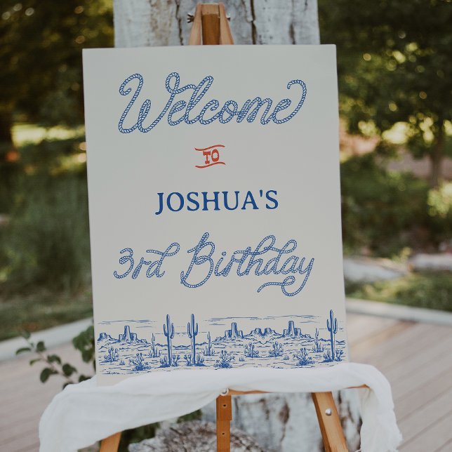Póster Boys Blue Red Rodeo - Sinal de boas-vindas (Boys Blue Rodeo 3rd Birthday Welcome Sign, Wild West, Western Cowboy Southern Country Welcome Sign)