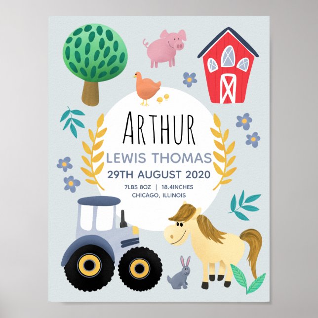 Poster Boys Farm Animal Trator Birth Stats Baby Nursery (Frente)