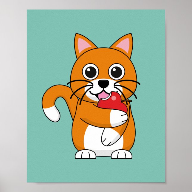 Poster Branca De Gato Branco, Comendo Maçã Vermelha (Frente)