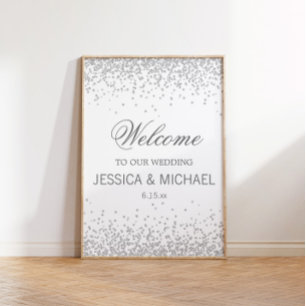 Poster Branca Elegante com Casamento de Glitter de Prata 