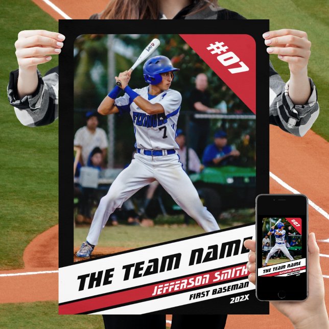 Poster Branca Preta-Branca Preta Personalizada do Jogador (Baseball Player Poster in Black with Custom Team Name and White Red Stripes)