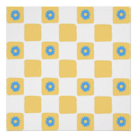 Branco Amarelo Verificado Com Padrão De Flor Azul