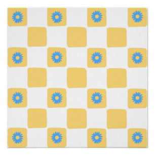 Póster Branco Amarelo Verificado Com Padrão De Flor Azul