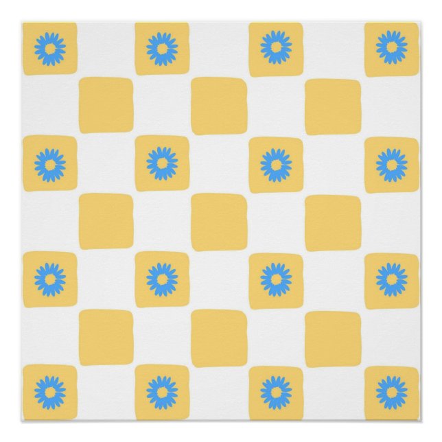Póster Branco Amarelo Verificado Com Padrão De Flor Azul (Frente)