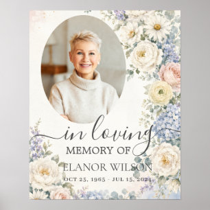 Poster Branco Azul Rosado Floral Foto Funeral Memorial