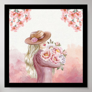 Poster branco, cor-de-água rosa Vintage Lady Floral Beaut