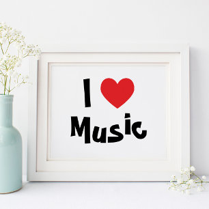 Póster Branco e Preto Eu Amo Música Coração Vermelho