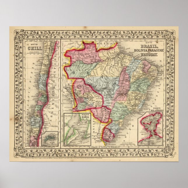 Poster Brasil, Bolívia, Paraguai, Uruguai Map de Mitchell (Frente)