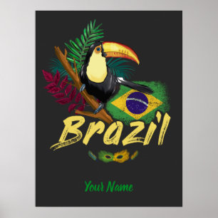 Poster Brasil: Vintage Toucan com Bandeira e Máscara de 