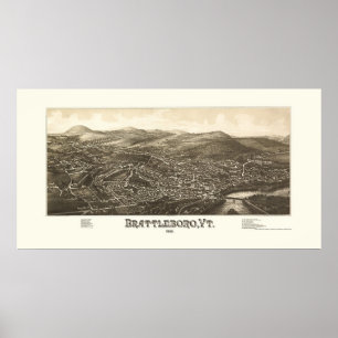 Poster Brattleboro, mapa panorâmico do VT - 1886