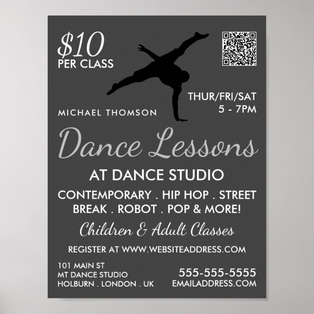 Poster Break Dancer Silhouette, Anúncio de lição de dança (Frente)